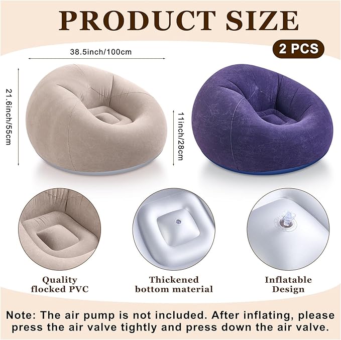Realspring Inflatable Bean Bag Chairs Outdoor Blow up Camping Chairs Inflatable Lazy Sofa Folding Portable Bean Bag Loungers Couch for Movie Night(Brown, Blue,2 Pcs)