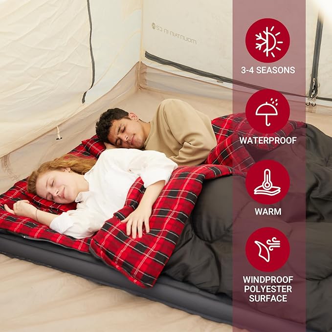 KingCamp Double Sleeping Bag for Adults, Queen Size 2 Person XXL Flannel Sleeping Bag, Waterproof Lightweight Flannel Quilt with 2 Pillows, Perfect for Couples Family Camping Hiking