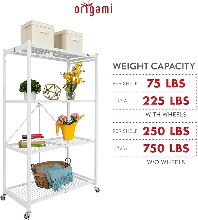 Origami 2-Pack R5 Storage Rack, 4-Tier Heavy-Duty Foldable Steel Shelf with Wheels, White