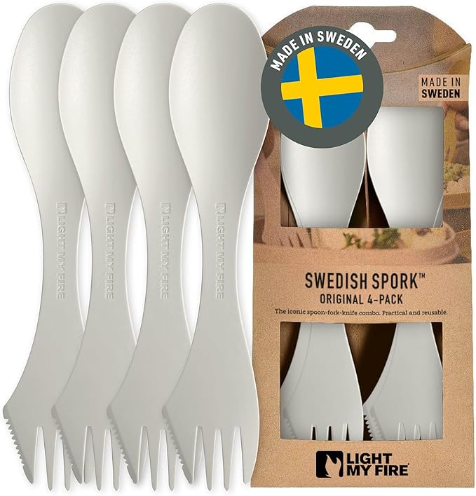 Light My Fire Spork Original 4-Pack 3-in-1 Camping Spoon Fork Knife Combo Reusable Travel & Camping Utensils Lunch Spork Outdoor Backpacking Hiking Picnic Utensil BPA Free, Cream