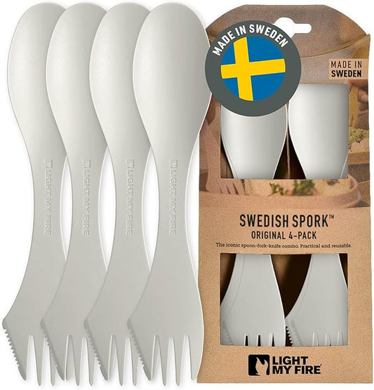 Light My Fire Spork Original 4-Pack 3-in-1 Camping Spoon Fork Knife Combo Reusable Travel & Camping Utensils Lunch Spork Outdoor Backpacking Hiking Picnic Utensil BPA Free, Cream