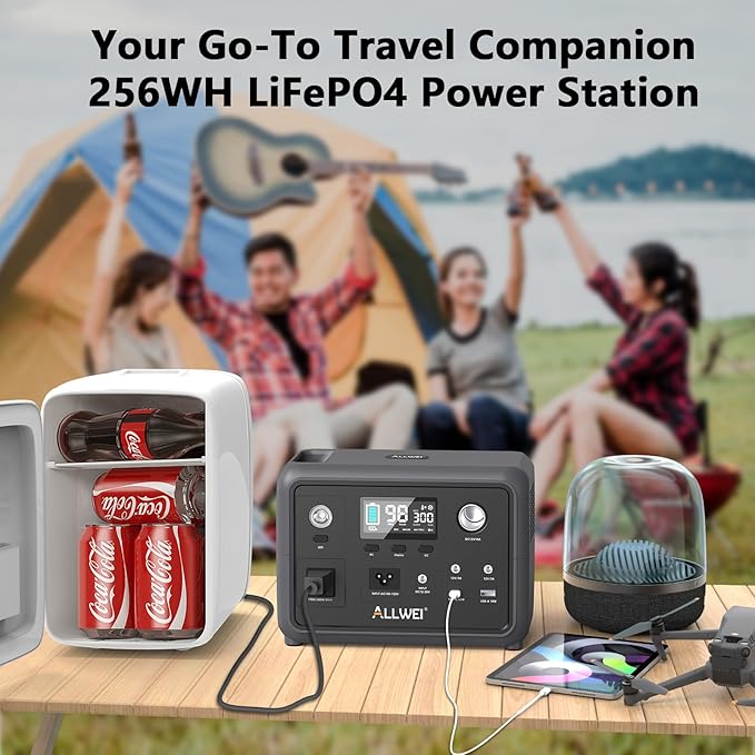Portable Power Station 300W (Peak 600W), ALLWEI 256Wh Solar Generator with 60W USB-C PD Output, 110V Pure Sine Wave AC Outlet Backup LiFePO4 Battery for Outdoors Camping Travel Home Blackout