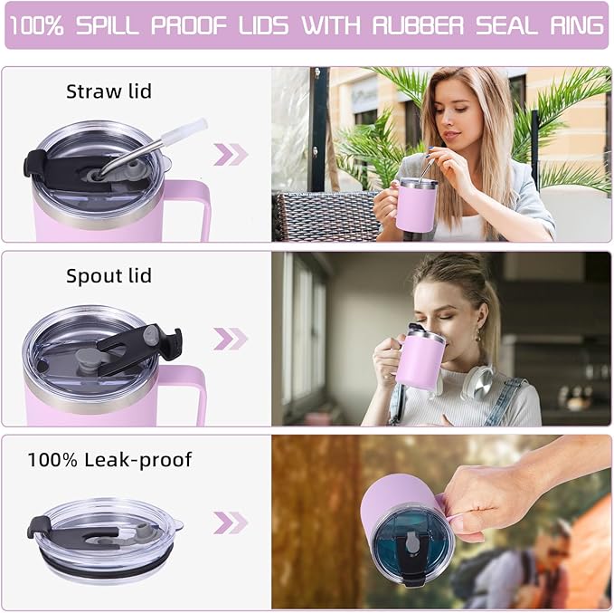 Volhoply 12oz Insulated Leakproof Coffee Mug with Flip & Straw Lid,Double Wall Vacuum Stainless Steel Travel Cafe Tumbler Cup with Handle,Reusable Camping Mugs Keep Cold/Hot(Purple,1 Set)