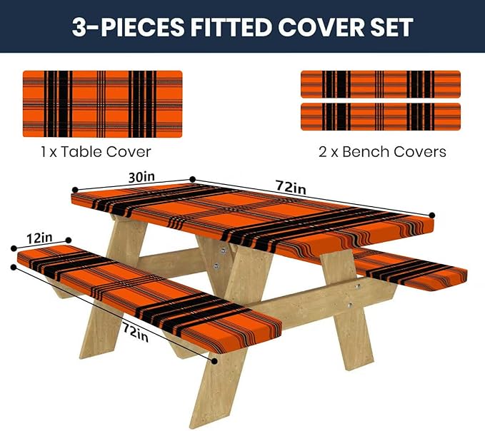 CAPSCEOLL Fitted Picnic Table Cover with Bench Covers with Elastic 6Ft Waterproof Camping Picnic Table Cover Cloths for Outdoors Camping Tablecloth with Drawstring Bag, 72X30in, Orange Plaid