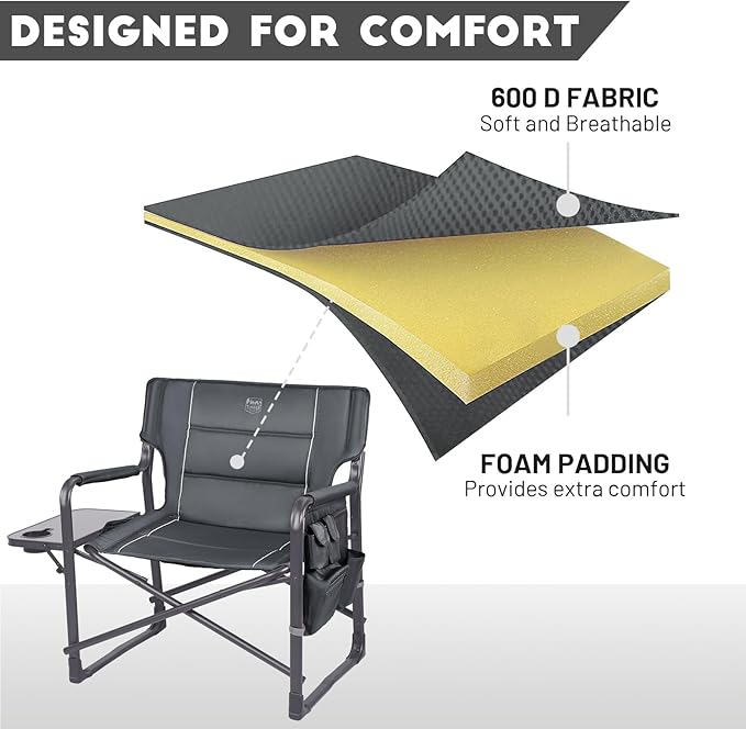 TIMBER RIDGE XXL Upgraded Oversized Directors Chairs with Foldable Side Table, Detachable Side Pocket, Heavy Duty Folding Camping Chair up to 600 Lbs Weight Capacity (Grey) Ideal Gift, 2 Pack