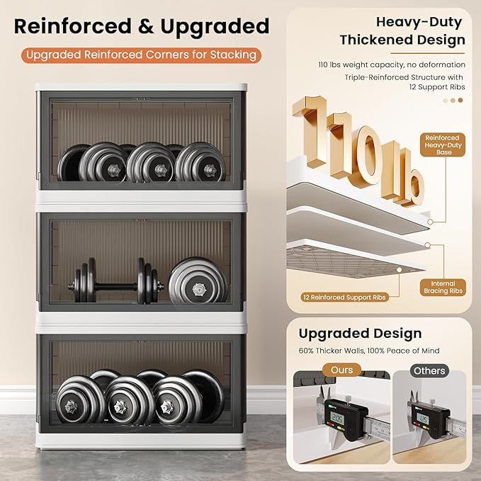 19Gal Collapsible Storage Bins with Lids & Wheels - 3 Pack Stackable with Doors, Heavy-Duty Plastic Containers for Home/Office, White