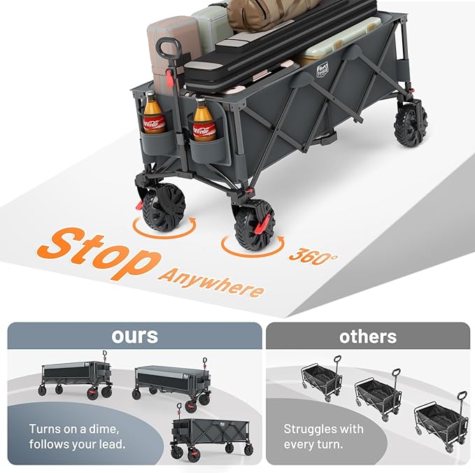 TIMBER RIDGE 51.2" Extended Collapsible Wagon - Heavy-Duty Utility Cart with All-Terrain Wheels, Brakes & Cargo Net, 400L Capacity for Camping, Sports & Shopping, Grey