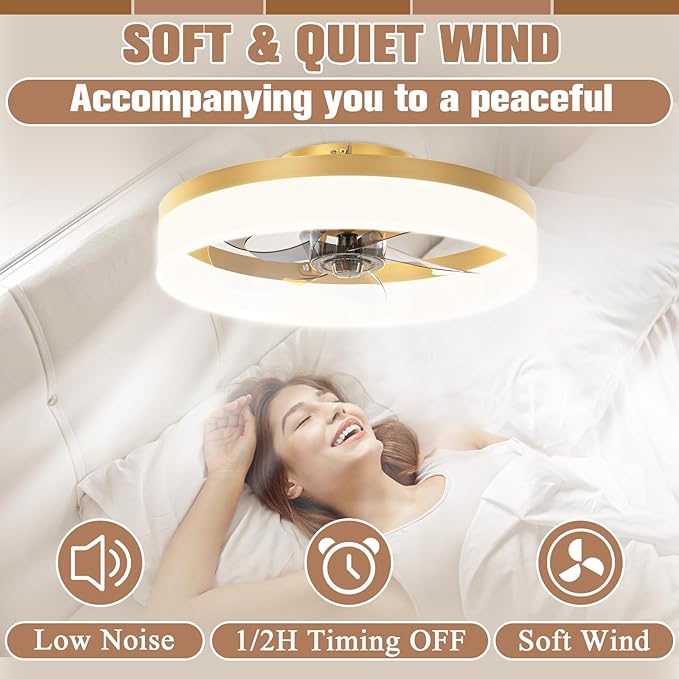 VOLISUN Low Profile Ceiling Fans with Lights and Remote,15.7in Modern Ceiling Fan Flush Mount, 3000K-6500K Dimmable Bladeless LED Fan Light,Gold Fandelier Ceiling Fans with Lights for Bedroom