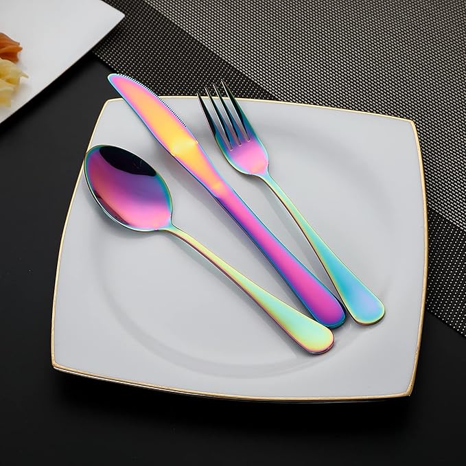 DEVICO Portable Utensils, Travel Camping Cutlery Set, 8-Piece including Knife Fork Spoon Chopsticks Cleaning Brush Straws Portable Case, Stainless Steel Flatware set (Rainbow)