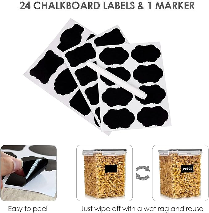 Vtopmart Food Storage Containers 4.3L / 145.4oz, 4 Pieces BPA Free Plastic Airtight Canister for Flour, Sugar, Baking Supplies, with 4 Measuring Cups and 24 Labels, Black