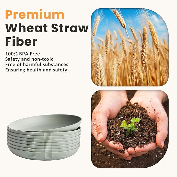 Homienly Wheat Straw Plates Set of 8-10 inch Deep Dinner Plates, Reusable Plastic Plates, Microwave and Dishwasher Safe Plate Set, Unbreakable Plates for KItchen, Camping, Party - Light Grey