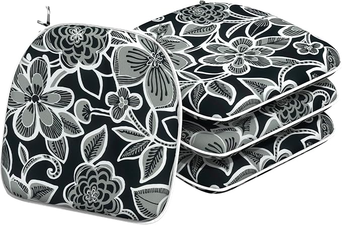 Indoor/Outdoor Chair Cushions 16x17 Inch, Patio Chair Cushions with Ties, All Weather Seat Cushions for Patio Furniture Home Garden Chair Use, Set of 4,Flower Black