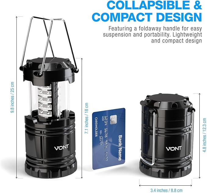 Vont 4 Pack LED Camping Lantern, LED Lanterns, Suitable Survival Kits for Hurricane, Emergency Light for Storm, Outages, Outdoor Portable Lanterns, Black, Collapsible, (Batteries Included)