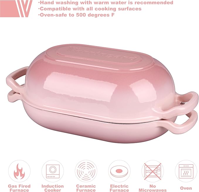 Enameled Cast Iron Sourdough Bread Oven, Dutch Oven, Loaf Cast Iron Bread Pan for Homemade Bread Baking, Meatloaf Pan with Lid, 5QT, Pink