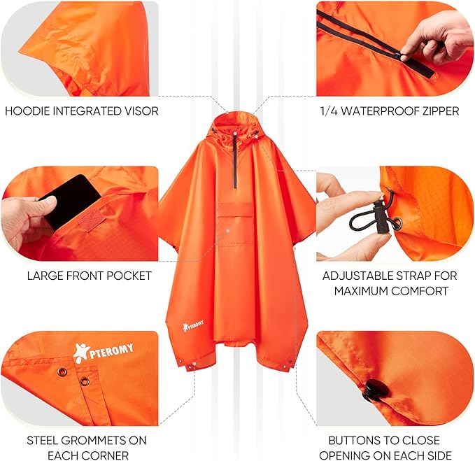 PTEROMY Hooded Rain Poncho for Adult with Pocket, Waterproof Lightweight Unisex Raincoat for Hiking Camping Emergency