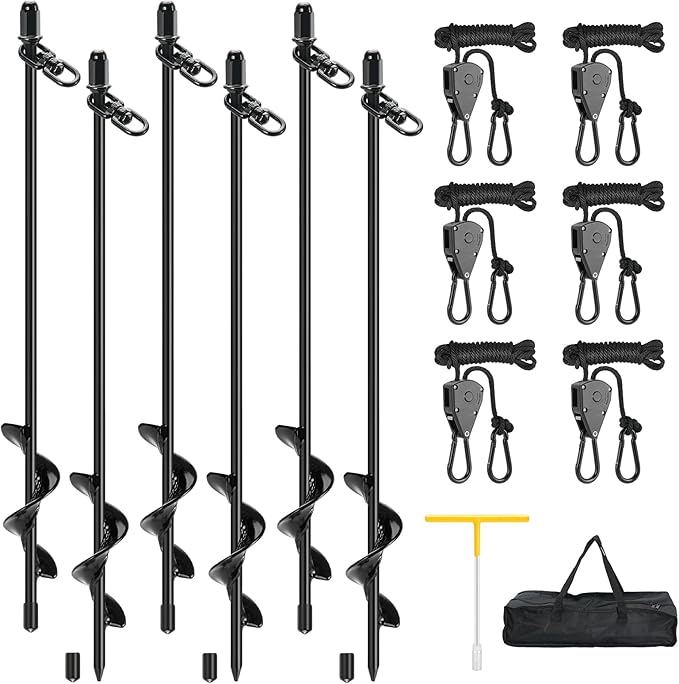 Ground Anchors, 6 Pack 17.7" Screw in Tent Stakes Heavy Duty Kit with 6 Adjustable RV Awning Tie Down Ratchet Ropes for High Winds, Earth Anchors for Shed Trampoline Canopy Gazebo Swing Set Camping