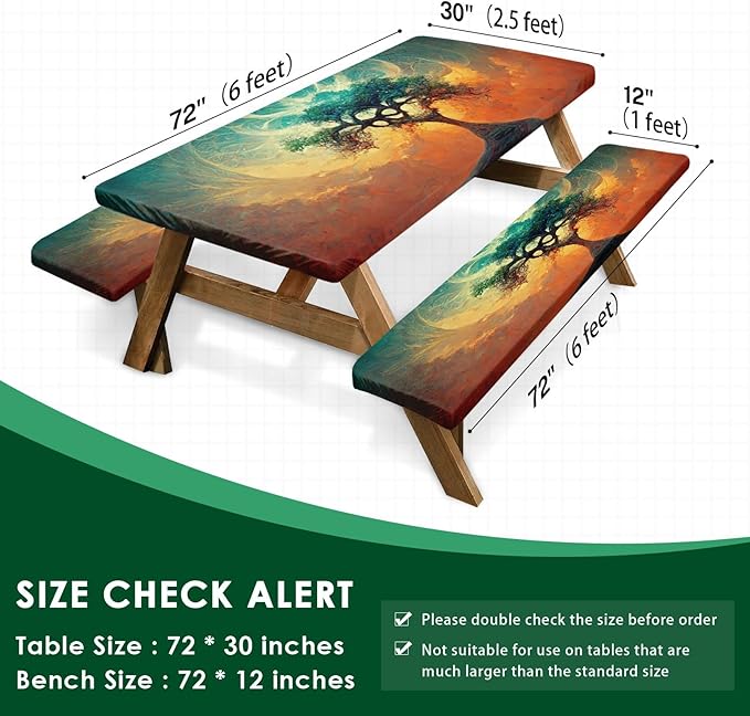 Picnic Table Cover with Bench Covers Elastic Edges, Tree Camper Fitted Table Cover, Outdoor Patio Camping Essentials 72 Inch 3PCS, Waterproof Camping Fitted Tablecloth with Drawstring Bag