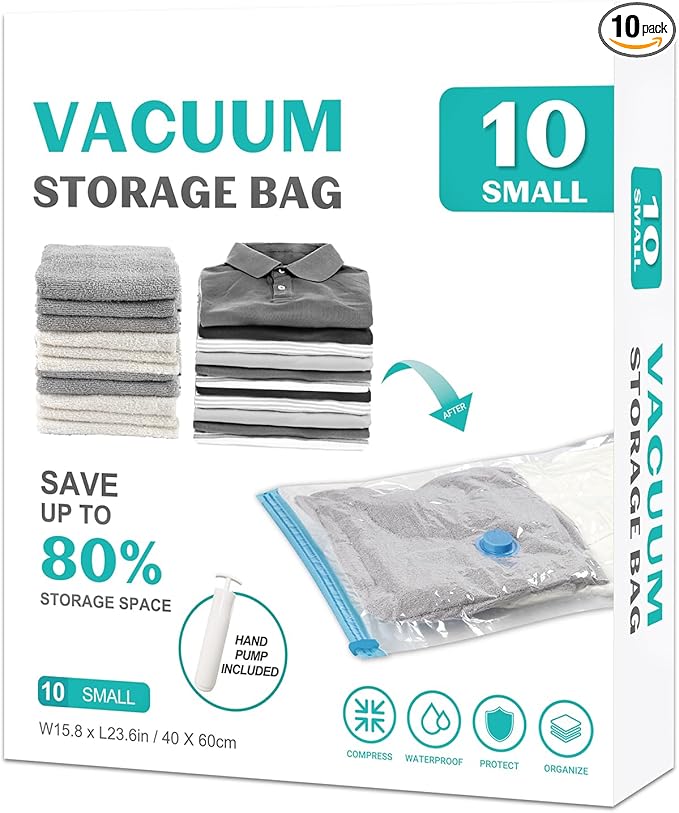 10 Pack Small Space Saver Vacuum Storage Bags Compression Seal Bags for Travel Clothing Luggage Blankets Comforters with Hand Pump