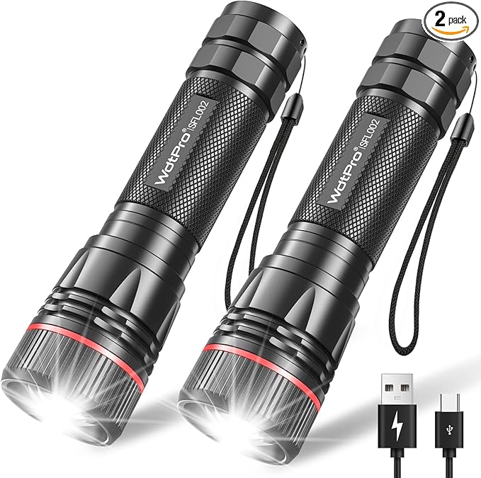 WdtPro Rechargeable Flashlights High Lumens, 2 Pack 10H Long Lasting Super Bright EDC Flashlight, LED Mini Tactical Flash Lights for Camping Emergency, Drop & Water Resistant (Battery Included)