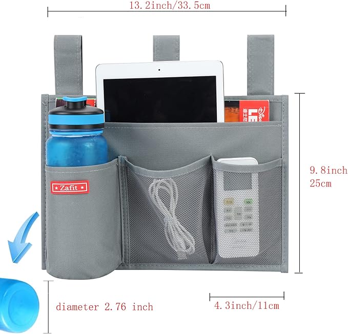 Hanging Bedside Caddy, Bedside Storage Organizer for Magazine, Phone, Remote control (4 Pockets-Grey)