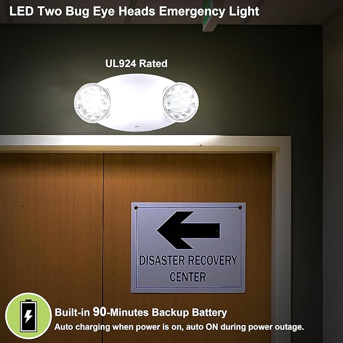 LIT-PaTH LED Emergency Lighting Fixtures with 2 LED Bug Eye Heads and Back Up Batteries- US Standard Exit Light, UL 924 and CEC Qualified, 120/277 Voltage, White, 12-Pack