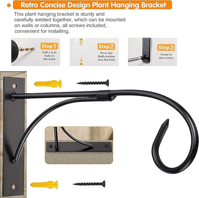 Fashion&cool 2 Pack Plant Hanging Bracket, 11 inch Wall Mount Plant Hanger Outdoor Indoor, Decorative Hanging Plant Bracket Hooks for Planter Flower Bird Feeder Lanterns Wind Chimes with Screws (2)