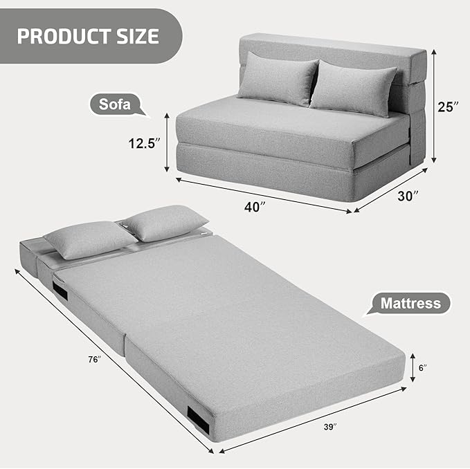 Folding Sofa Bed with Pillows- Convertible Chair Floor Couch & Sleeping Mattress, Foldable Memory Foam Sleeper for Living Room/Dorm/Guest Room/Home Office/Apartment/Loft, Twin, Light Gray