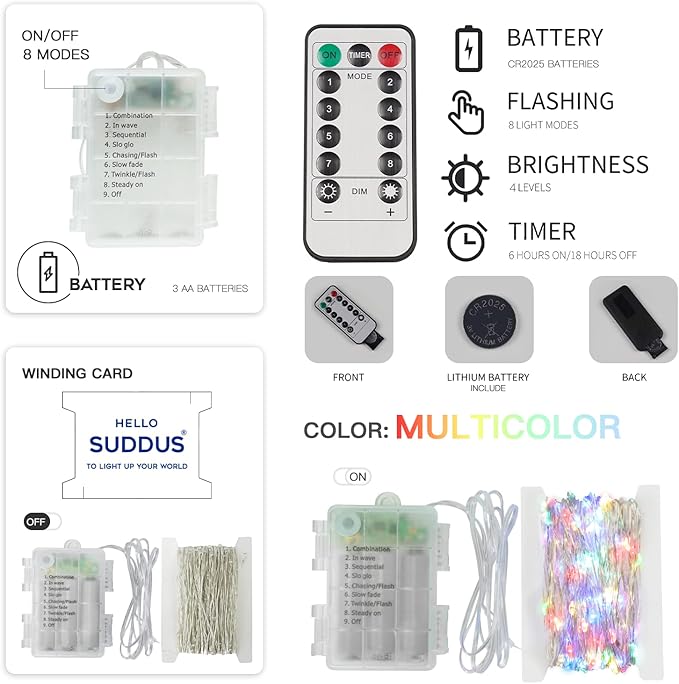 suddus 66ft 200 LED Outdoor String Lights, Multi Color Fairy Lights Battery Operated with Remote, Led Twinkle Lights for Bedroom, Backyard, Wedding, Tree, Mason Jar, Wall, Centerpiece, Christmas