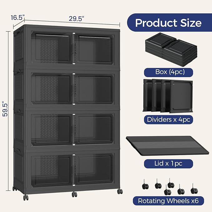 160GAL Extra Large Storage Bins with Lid, 640Qt Stackable Closet Organizers and Drawers, Collapsible Storage Bins with Wheels, Folding Storages Cabinet for Home Bedroom Office, 4Pack Black