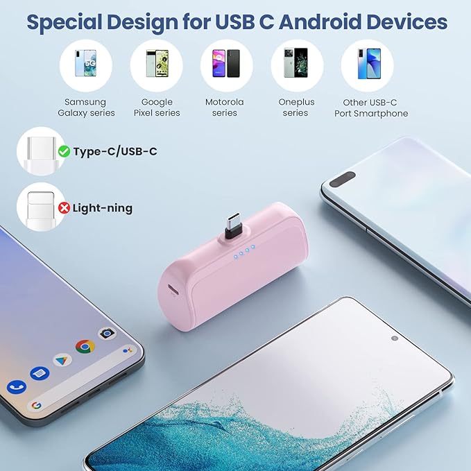 Mini Portable Charger for iPhone 16/15 Series,5200mAh 3A PD USB C Fast Charging Power Bank, Ultra-Compact Cell Phone Battery Pack for iPhone 16/16Plus/15Pro Max,Samsung,Android,Moto,LG,iPad-Rose Pink