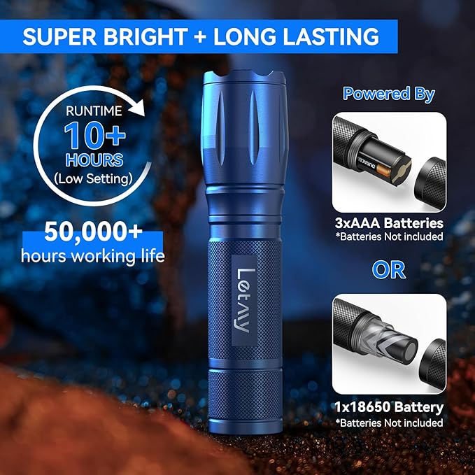 LETMY Tactical Flashlight - 2 Pack LED Flashlights High Lumens - Portable Handheld Flash Light, 5 Modes Zoomable Waterproof Flashlights for Home Emergency Camping- Blue