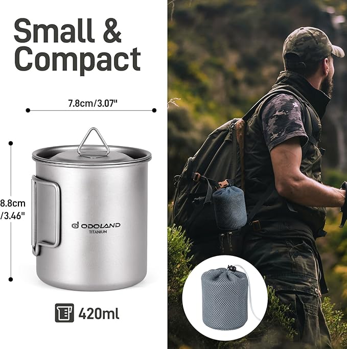 Odoland Titanium Camping Cookware 420ML Titanium Pot with Lid and Spork Lightweight Camping Pot for Backpacking Hiking Traveling and Picnic
