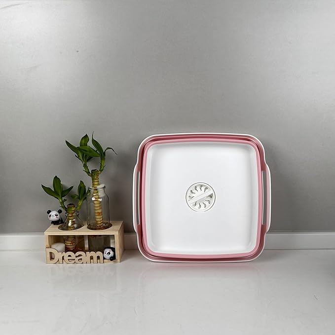 9L (2.4Gal Dish Basin Collapsible with Drain Plug Carry Handles , Space Saveing Kitchen Storage Tray Dish Wash Basin, Portable Dish Tub for Camping ,RV,Pink