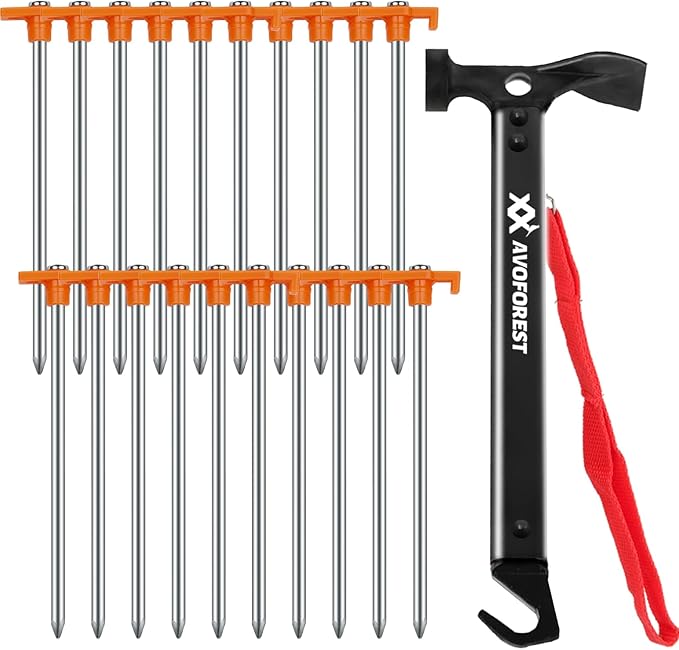 20 Pcs Tent Stakes with Camping Hammers,Avoforest 7.1 Inch Non-Rust Metal Tent Pegs + Portable Tent Stakes Hammers Ground Stakes and Tent Accessories Camping with Storage Bag,Garden,Hiking
