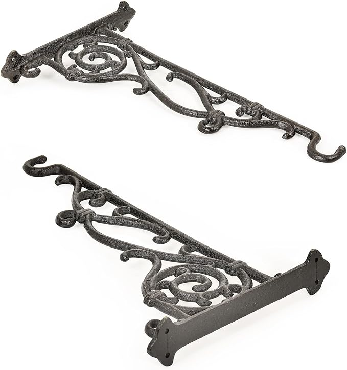 Sungmor Cast Iron Hanging Plant Bracket, 16.5" Large Outdoor Wall Plant Hangers, 2pcs Black Heavy Duty Hanging Basket Hooks, Decorative Hooks for Flower Pot, Lantern, Wind Chime, Hummingbird Feeder