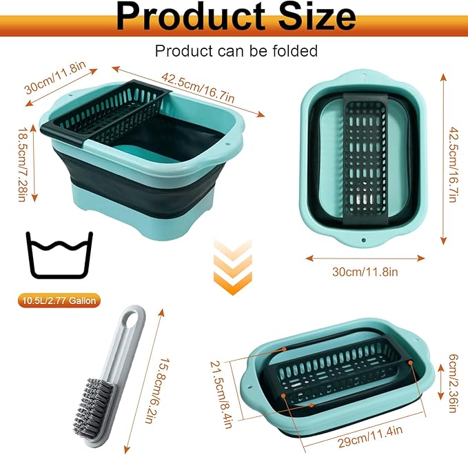 2.77 Gallon (10.5L) Collapsible Dish Basin with Drain Plug, Green Camping Dish Basin for RV, Space-Saving Foldable Wash Tub, BPA-Free Portable Sink for Vegetables and Dishes- with Brush
