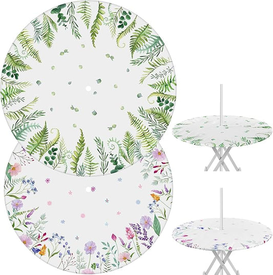 2 Pcs Round Outdoor Tablecloth with Umbrella Hole - Anti-Wrinkle Polyester Tablecloth with Elastic Zipper Table Cover for Summer Patio Camping Party(45''-53'',Leaf and Floral)