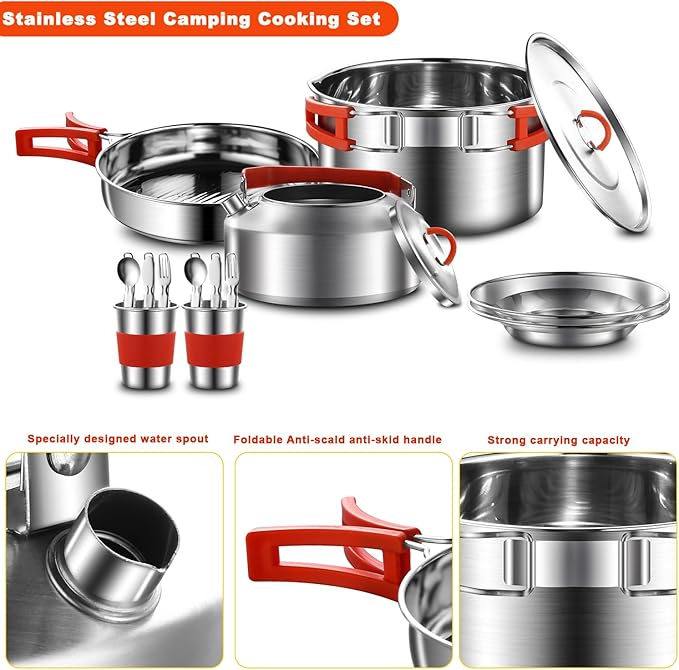 304 Stainless Steel Camping Cookware Set - Mess Kit with Pots, Pans, Kettle, Plates, Forks, Knives, Spoons for 2 People, Perfect for Camping, Picnic, RVs
