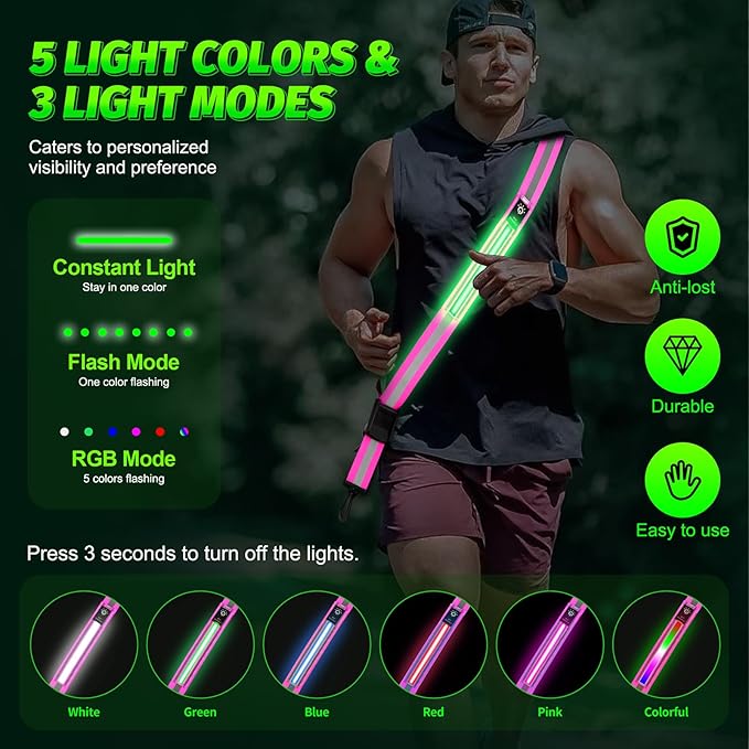 LED Running Gear High Visibility Reflective Belt Sash, Adjustable Night Walking Safety Gear, Rechargeable Light Up Running Reflective Belt for Runners Walkers Men Women