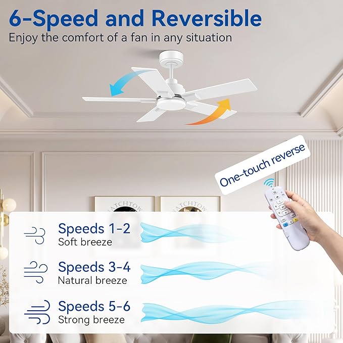 42Inch Smart Ceiling Fan with Lights Remote,APP&Voice Alexa WIFI Controled,Quiet Reversible DC Motor,Dimmable LED,Indoor Outdoor,Small Modern Ceiling Fan,for Bedroom Patio Porch,White&Light Wood