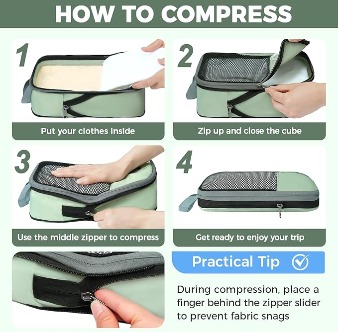 BAGAIL 4 Set/6 Set/8 Set Compression Packing Cubes Travel Accessories Expandable Packing Organizers(HalfMesh, 8-MatchaGreen)