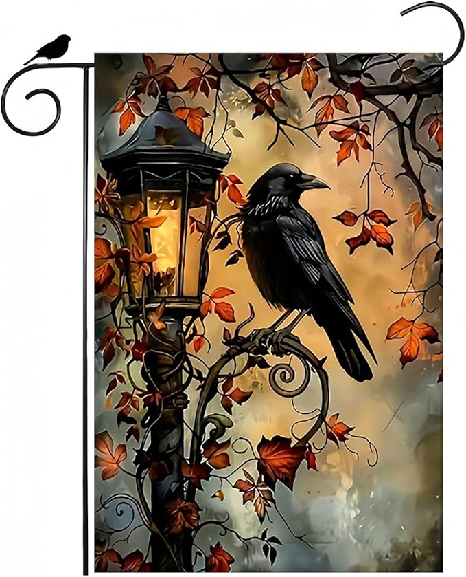 Halloween Garden Flag for Outside 12x18 Inch Double Sided, Crow Small Yard Flags for Outside, Halloween Outdoor Flag Front Porch Decorations for Home
