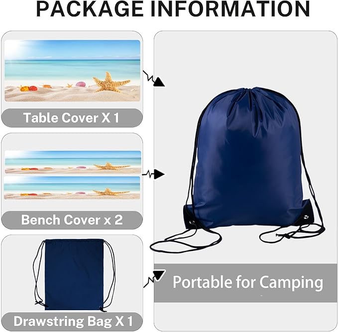 CAPSCEOLL Elastic Picnic Table Cover with Bench Covers 5Ft Waterproof Fitted Picnic Table Cover Cloths for Outdoors Camping Tablecloth with Drawstring Bag, 60X30in, Sea Beach