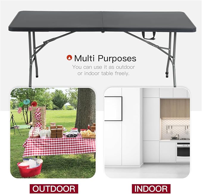 PayLessHere Folding Tables Plastic 6ft Folding Table Half Portable Foldable Table for for Parties Wedding BBQ Camping, Black 6FT