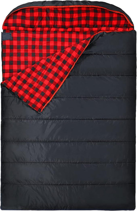 REDCAMP Cotton Double Sleeping Bag for Adults, 2 Person Cold Weather Queen Size Flannel Sleeping Bags for Camping, Black/Navy Blue