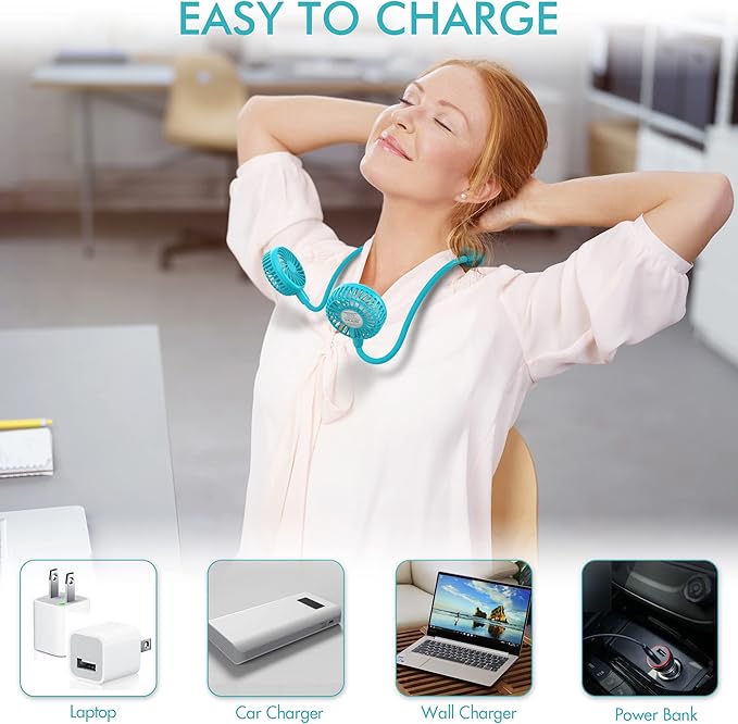Portable Neck Fan, 2600mAh Battery Operated, Ultra Quiet Hands Free USB Fan with 3 Speeds, Strong Wind, 360° Adjustable High Flexibility Wearable Personal Fan for Sport Office Outdoor Travel (Cyan)