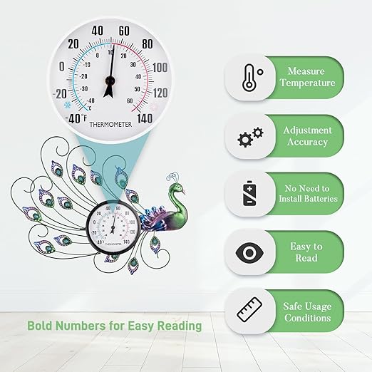 Peacock Outdoor Thermometer, Metal Outdoor Wall Thermometer No Need Battery, Indoor Outdoor Thermometer Large Wall Art Decor for Patio, Garden, Living Room