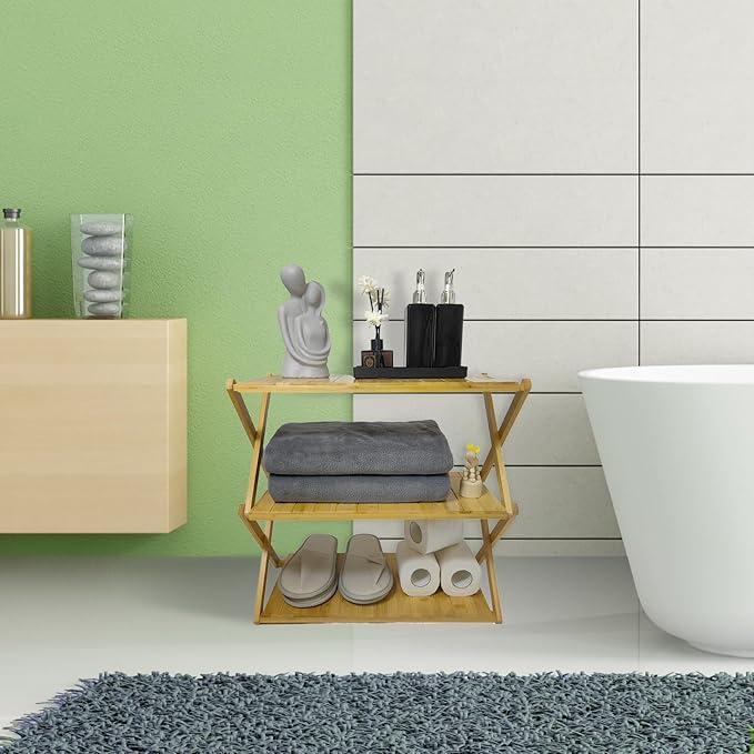 Foldable Bamboo Shelf, Folding Shoe Rack, Flower Rack, Camping Rack, No Installation Required, Portable, Space Saving, Multi-Purpose Storage Rack (Natural, 3Tiers)