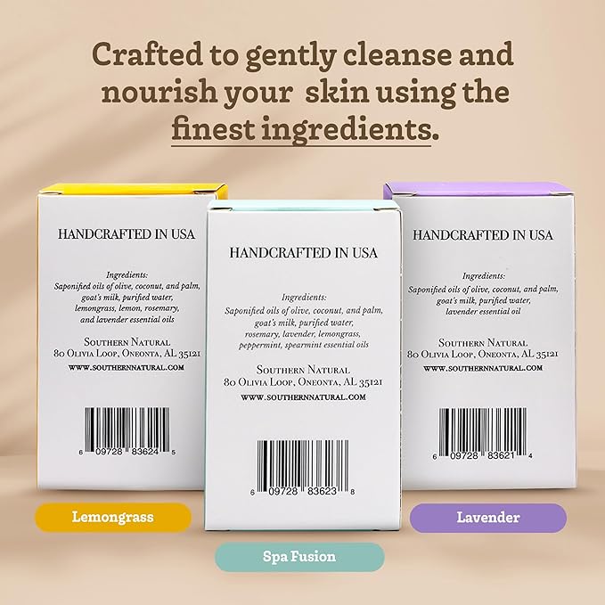 Southern Natural Goat Milk Soap Bar (Variety 3 Pack) Lavender, Lemongrass, Spa Fusion - For Dry Sensitive Skin. Natural Handmade Soap For Face and Body.(Each Bar 4-4.5 oz)