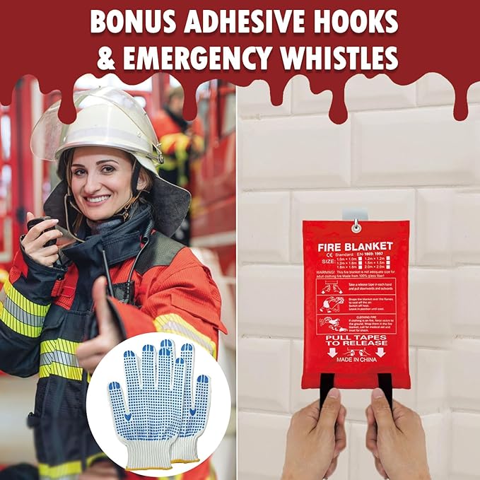 MDH Fire Blanket 40x40 inches Fiberglass w/Gloves Hooks Whistle - Fireproof Safety for Home Kitchen Restaurant House - Fire Suppression Reusable (Fire Blanket 2-Pack)